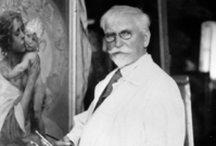 Malíř Alfons Mucha při práci, 1930.