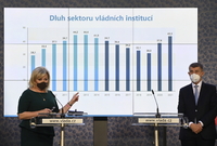 Premiér v demisi Andrej Babiš (vpravo) a vicepremiérka Alena Schillerová vystoupili na poslední tiskové konferenci ve svých funkcích, 17. prosince 2021 v Praze.